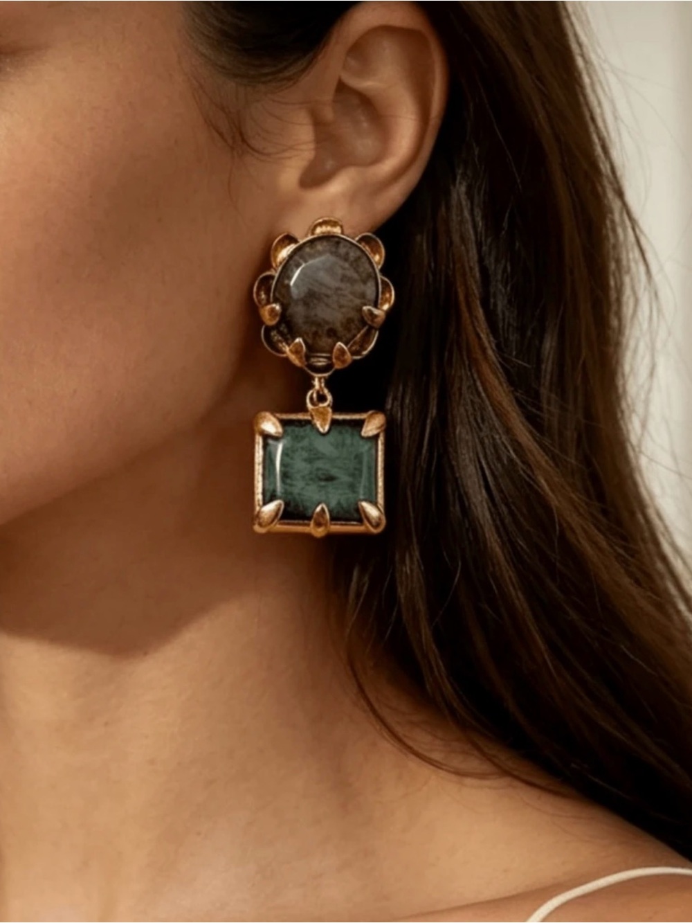 Gold Green Stone Statement Earrings